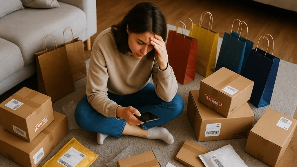 Frustrated shopper surrounded by return packages and shopping bags