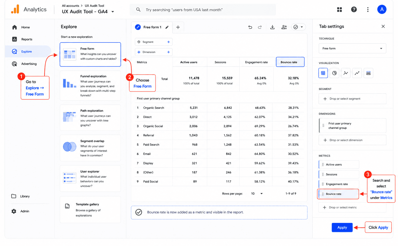 GA4 Explore Free Form report with Bounce rate metric