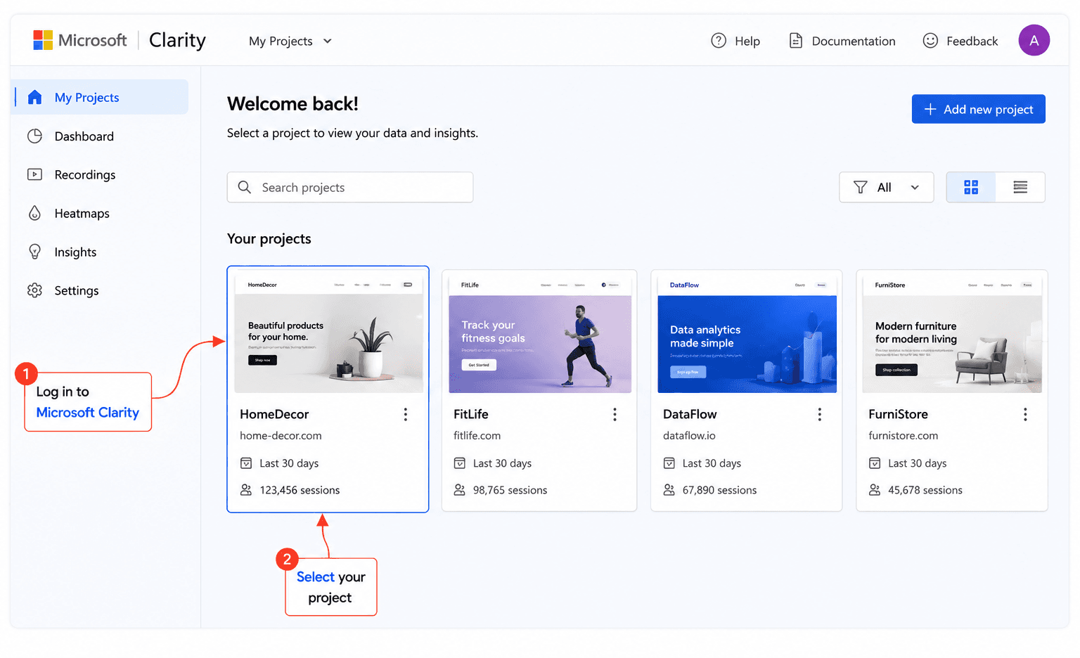 Logging in to Microsoft Clarity and selecting a project