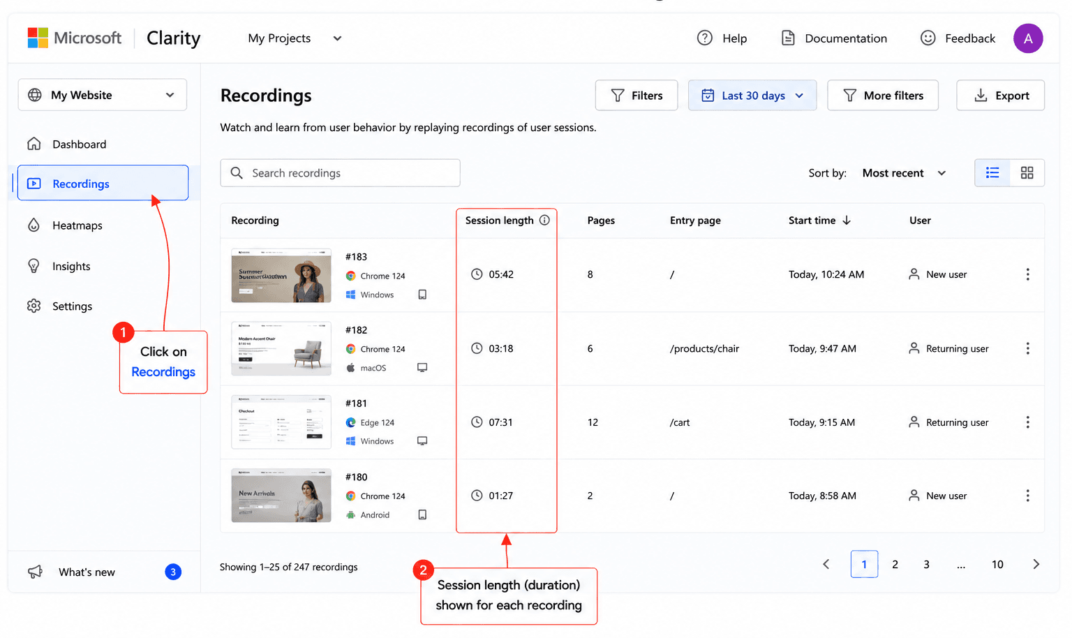 Microsoft Clarity Recordings list with session durations