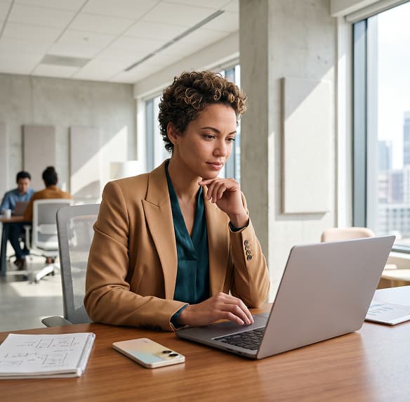 Founder reviewing her fintech product on a laptop in a bright office