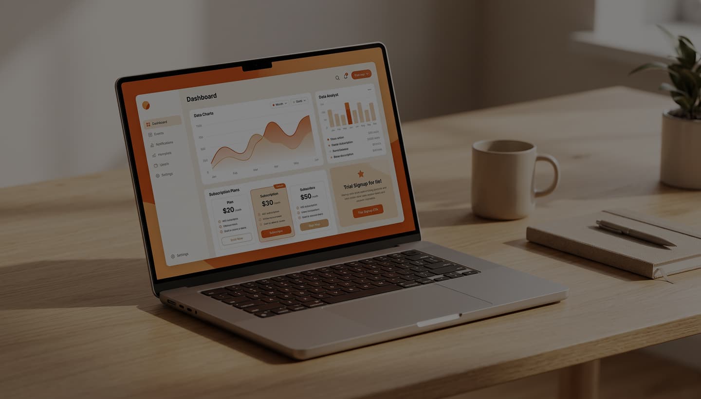Laptop on a desk showing a SaaS dashboard with charts and subscription plans