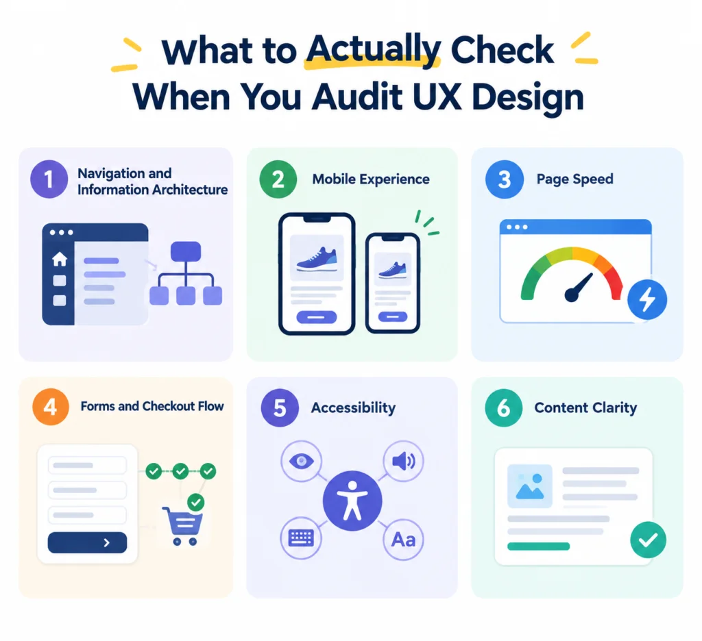 Infographic showing six key areas to check when auditing UX design