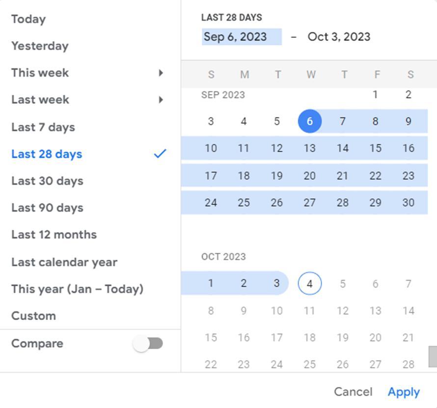 GA4 date range comparison selector
