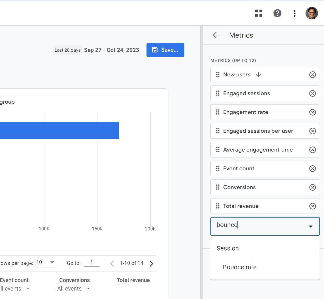 GA4 metric selector with Bounce rate option