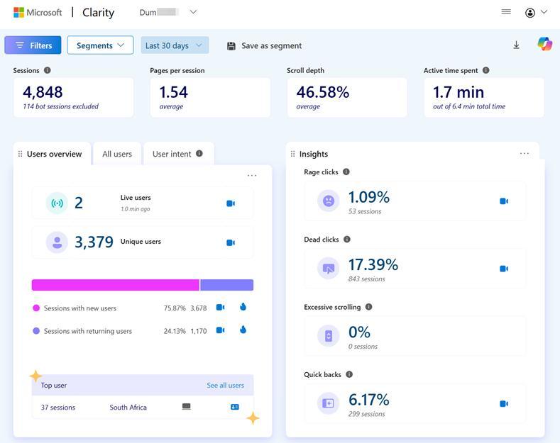 Microsoft Clarity Recordings list with session durations